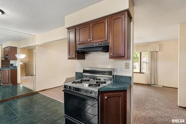 a kitchen with stainless steel appliances granite countertop a stove a refrigerator and a sink