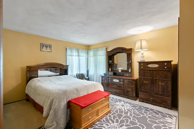 a bathroom with a toilet mirror vanity and a sink