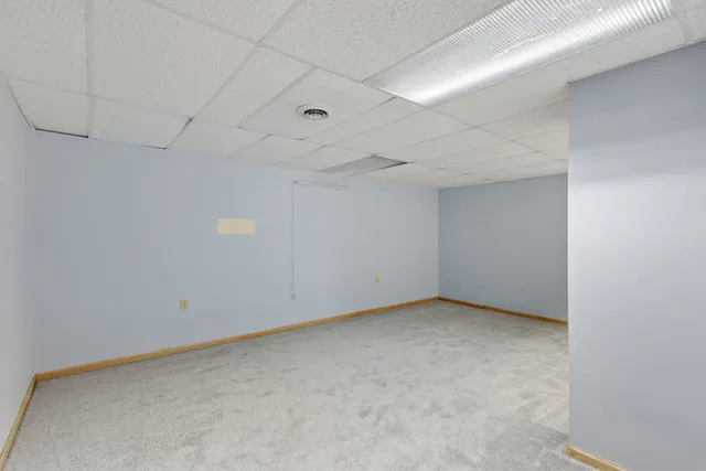 a view of a backyard with large trees