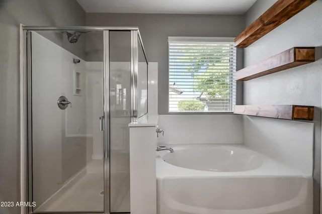 a bathroom with a bathtub and a shower