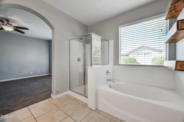 a bathroom with a bathtub and a shower