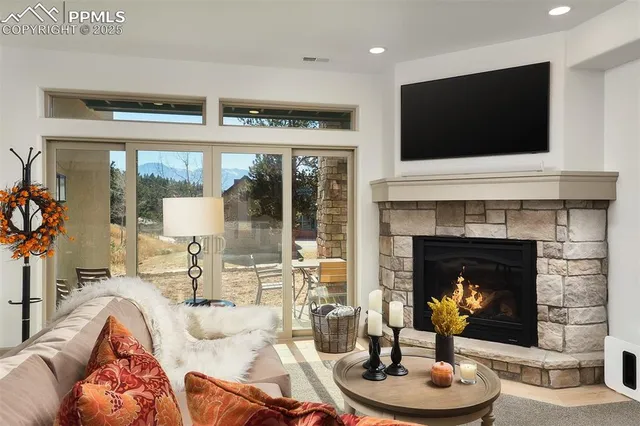 a living room with furniture a flat screen tv and a fireplace