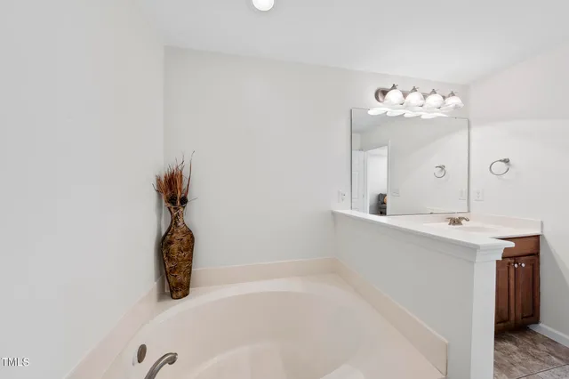 a bathroom with a tub sink and mirror