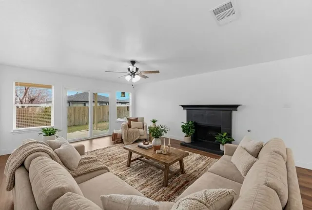 a living room with furniture or couch and a fireplace