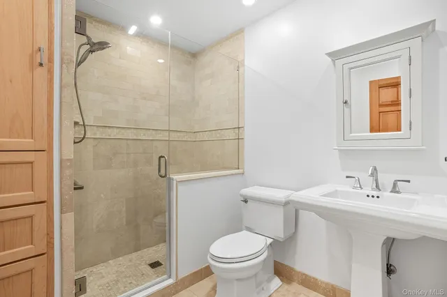 a bathroom with a sink a toilet and shower