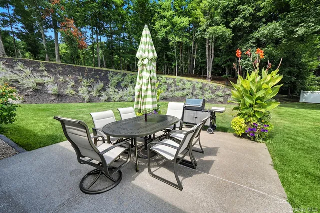 a view of a backyard with sitting area and garden