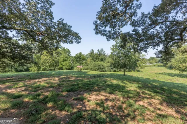 a view of outdoor space with green field and trees all around