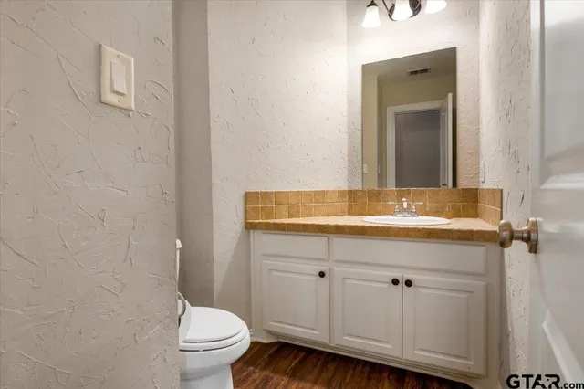 a bathroom with a sink a toilet a mirror and vanity