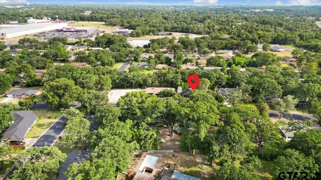 an aerial view of residential houses with outdoor space and trees