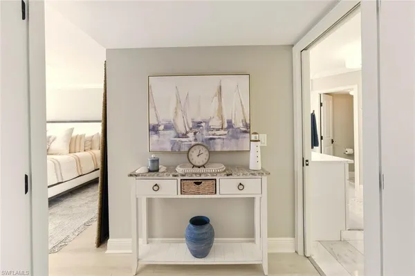 a view of a dining room with furniture