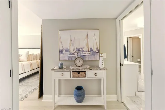 a view of a dining room with furniture