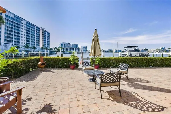 a view of a patio with swimming pool and furniture