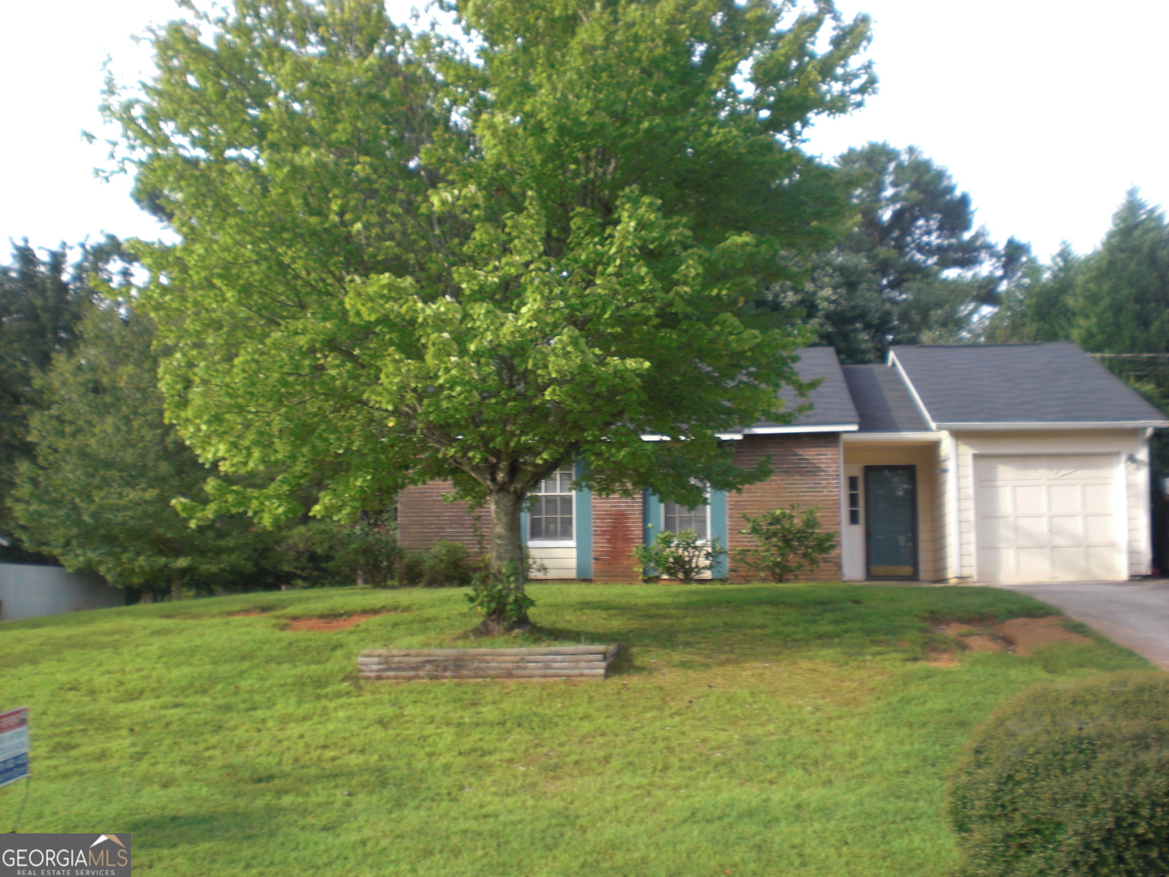 a front view of house with yard and green space
