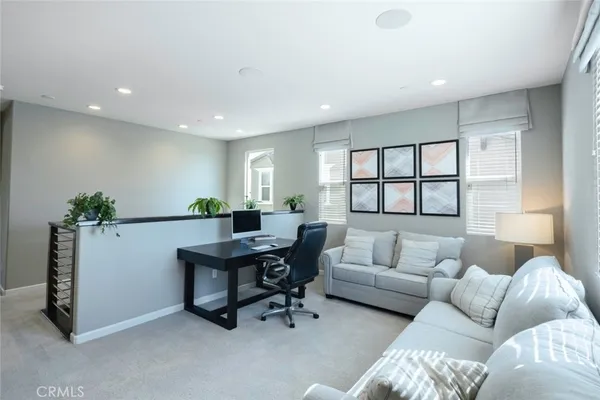 a living room with furniture and a potted plant