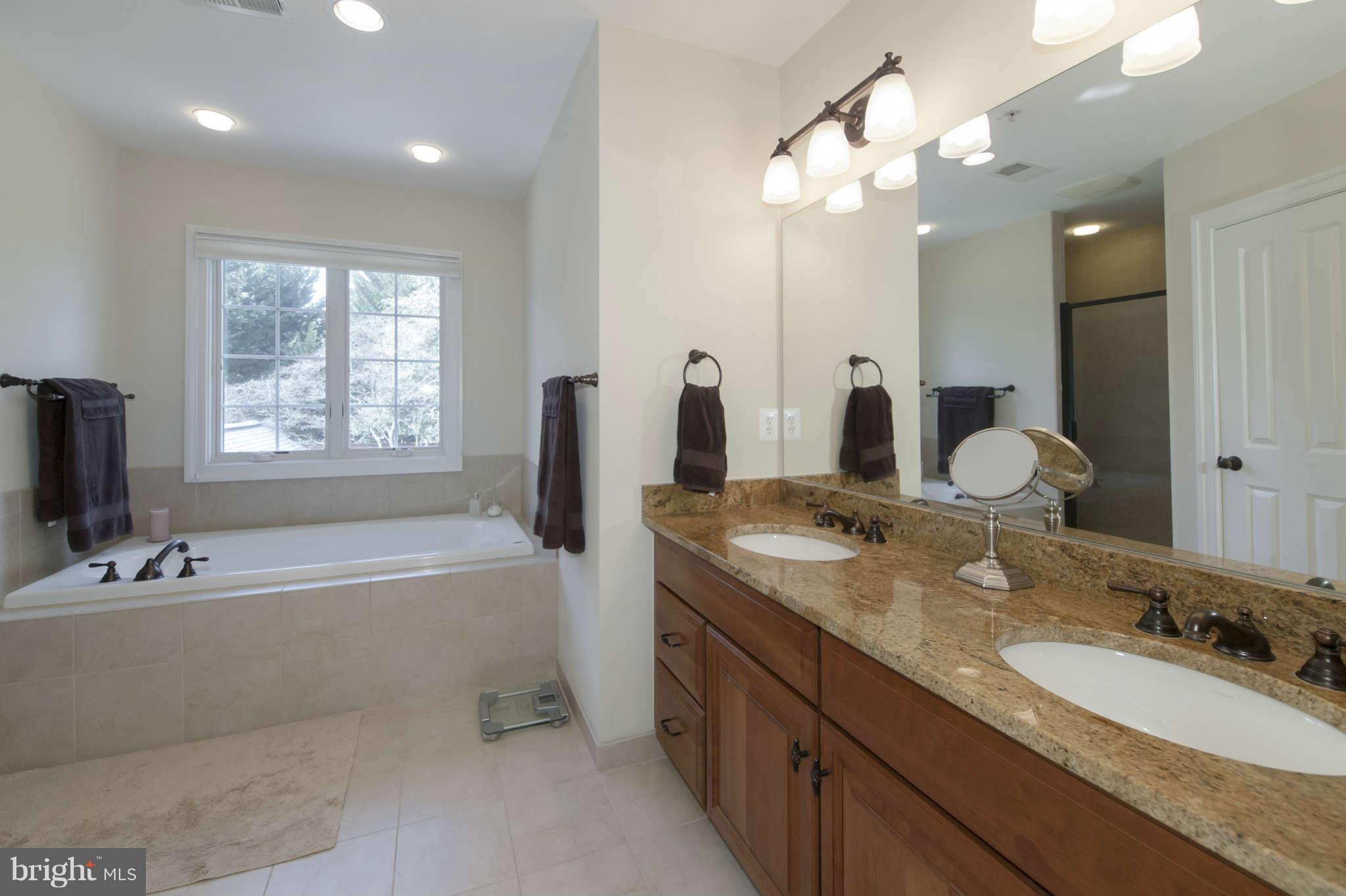 8910 Ridge Place Bethesda, MD 20817 - Photo 22 of 30 a bathroom with a granite countertop sink a large mirror and a bathtub