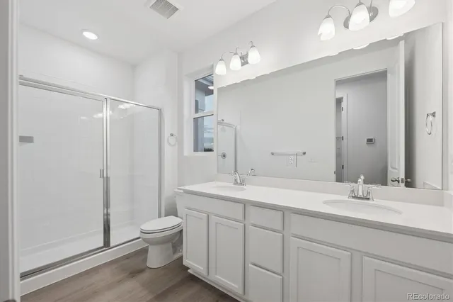 a bathroom with a sink a toilet and a large mirror