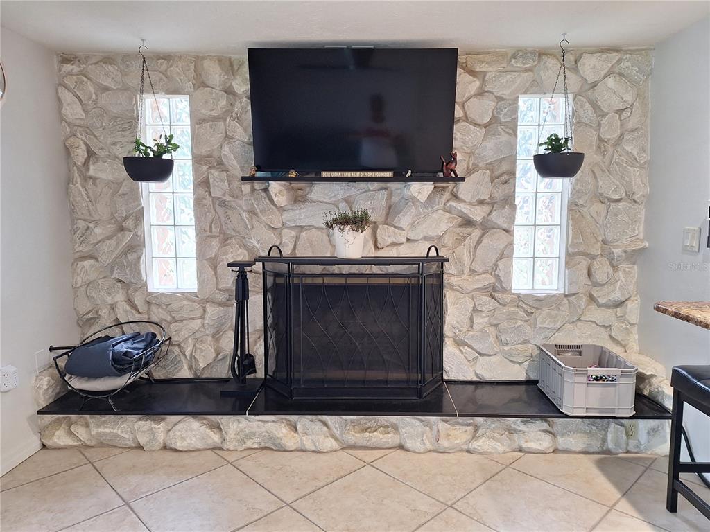 9415 Indale Drive New Port Richey, FL 34654 - Photo 24 of 93 a living room with furniture a flat screen tv and a fireplace