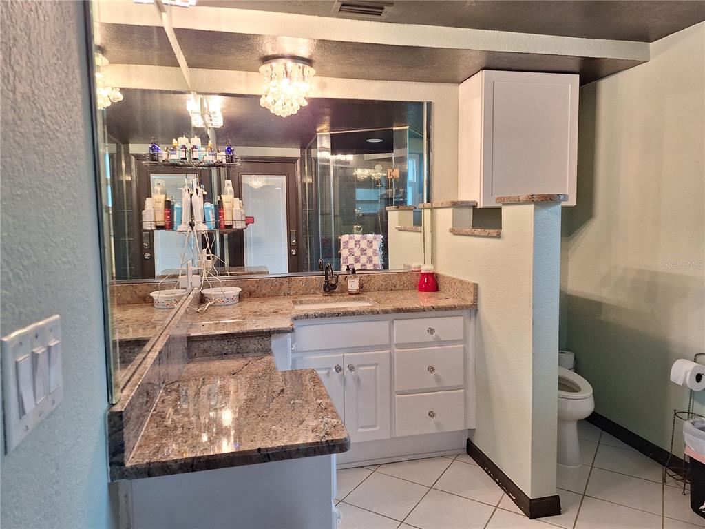 9415 Indale Drive New Port Richey, FL 34654 - Photo 35 of 93 a bathroom with a granite countertop sink a toilet and a mirror