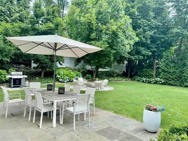 a view of a patio with chairs and plants