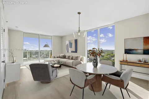 a view of a dining room with furniture window and outside view