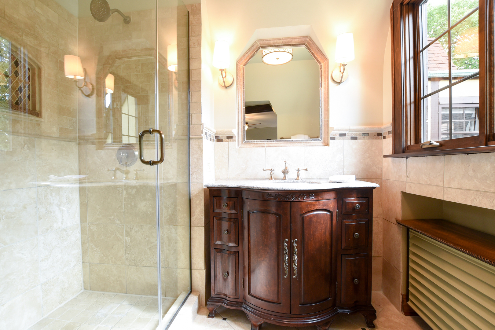 95 Michaux Road Riverside, IL 60546 - Photo 34 of 48 a bathroom with a double vanity sink mirror and shower