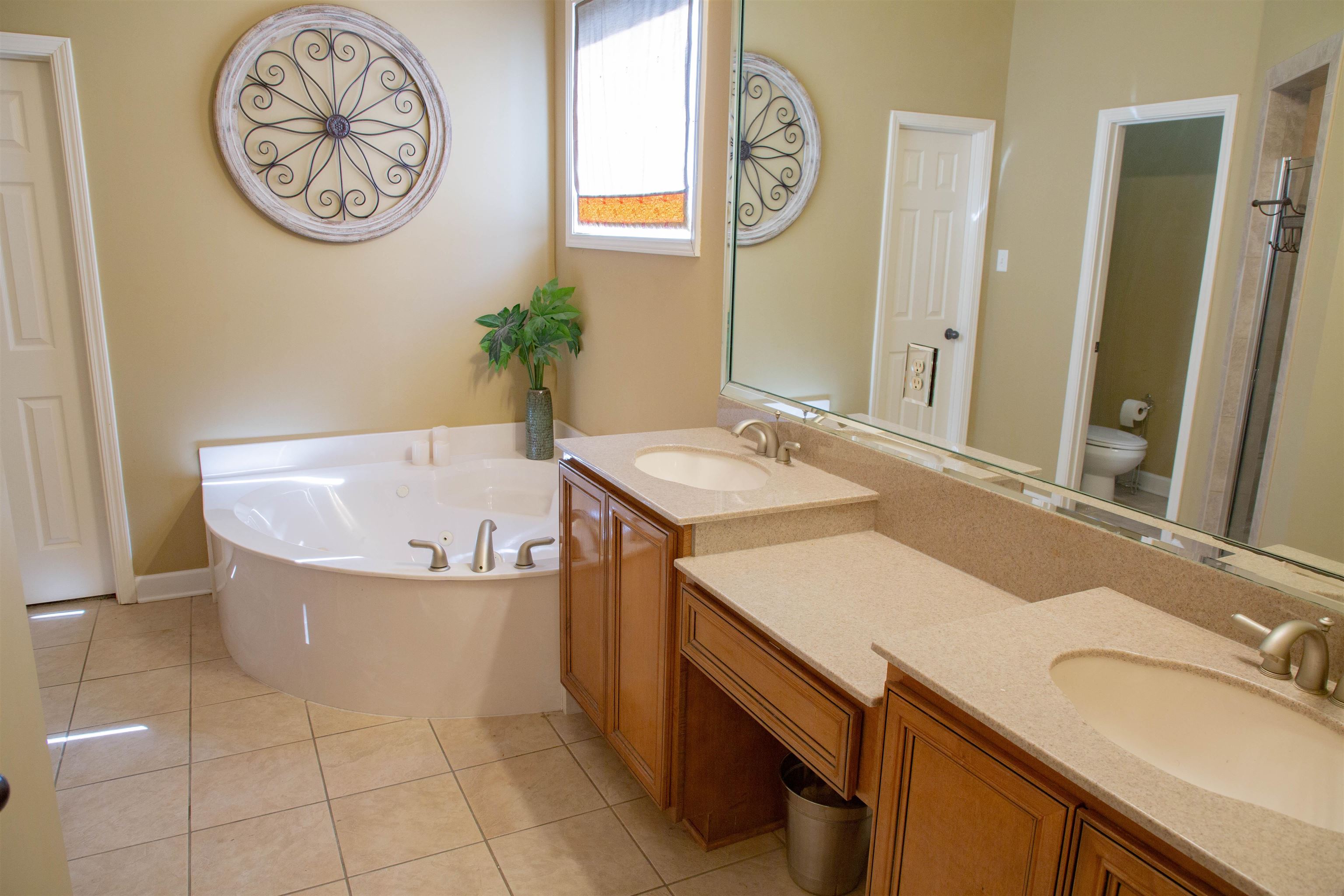 4868 Rainy Pass Road Collierville, TN 38017 - Photo 7 of 20 a bathroom with a granite countertop bathtub a sink and a mirror