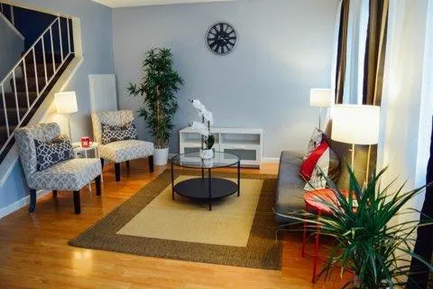 a living room with furniture and a potted plant