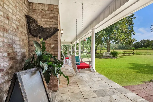 a garden view with a seating space