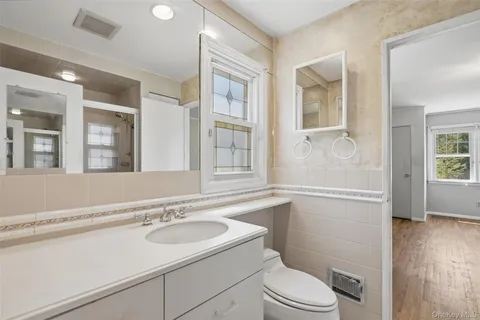 a bathroom with a sink toilet vanity and shower