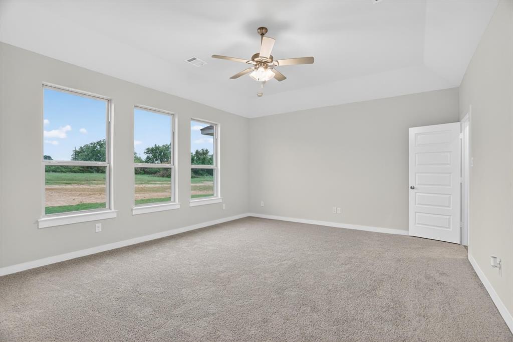 321 Skeen Peak Springtown, TX 76082 - Photo 34 of 37 Spacious room featuring three large windows, neutral-toned carpeting, light gray walls, a contemporary ceiling fan, and a paneled white door