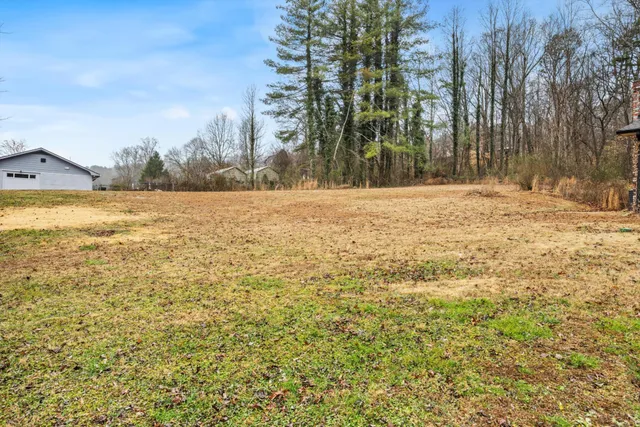 a backyard of a house with large trees