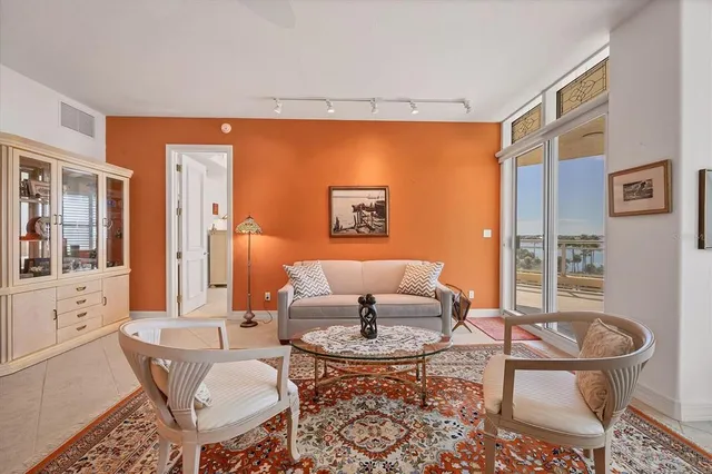 a view of a dining room with furniture