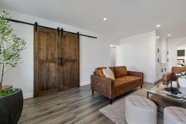 a living room with furniture and a potted plant