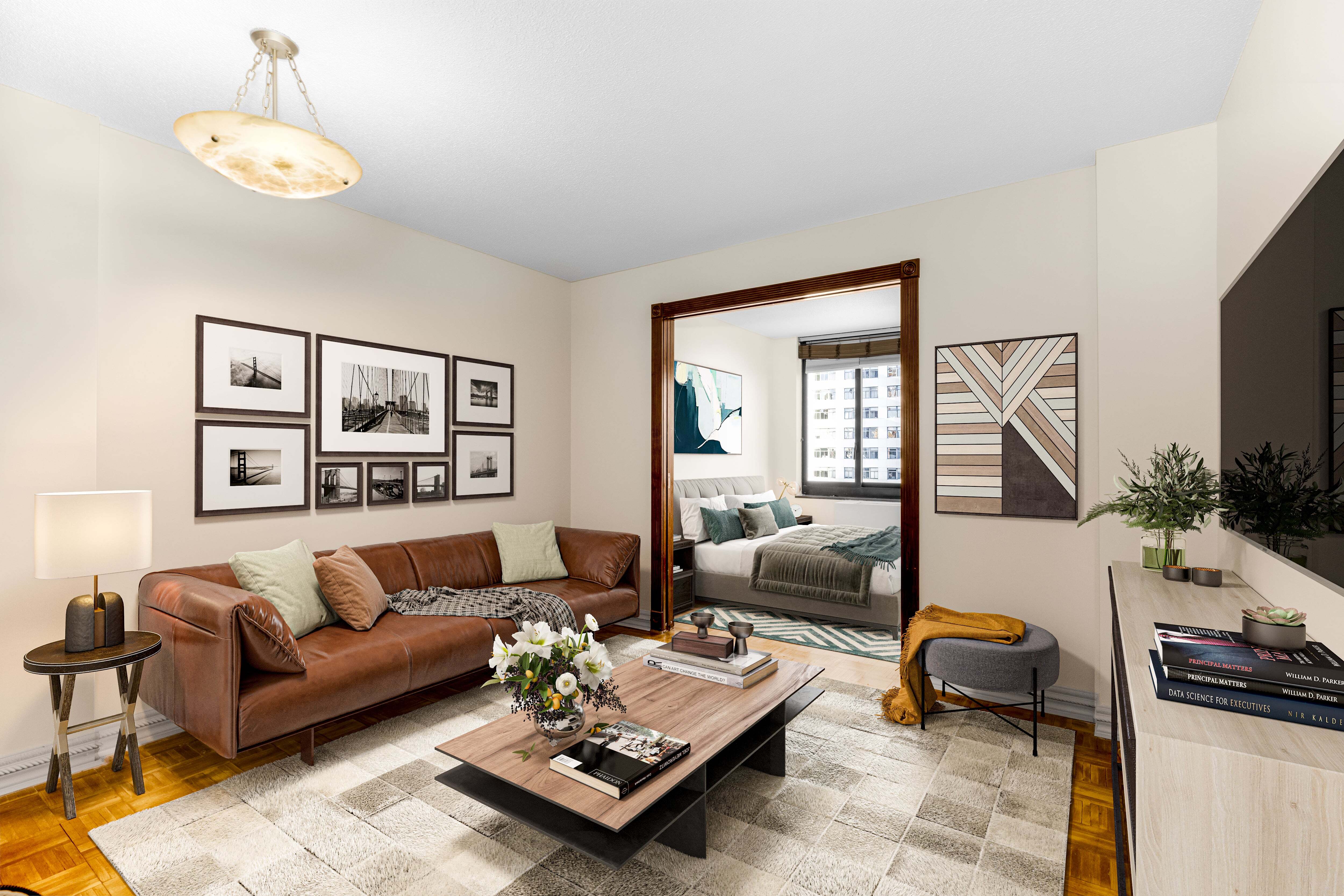 a living room with furniture and wooden floor