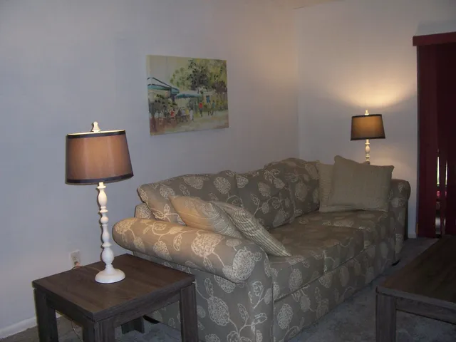 a living room with furniture and a lamp
