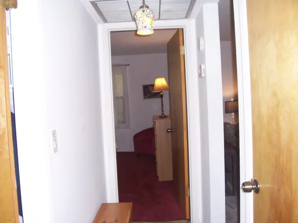 a view of a hallway with wooden floor and front door