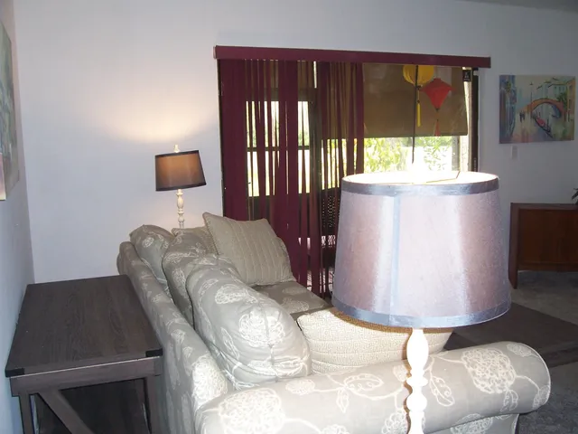 a living room with furniture and a potted plant