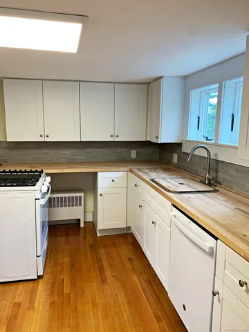 a kitchen with a sink a stove and cabinets