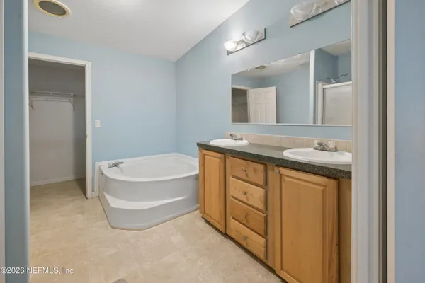 a bathroom with a tub a sink and a mirror