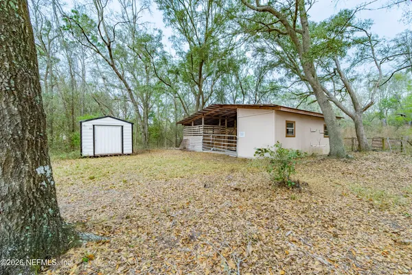 a backyard of a house with a garden and tree