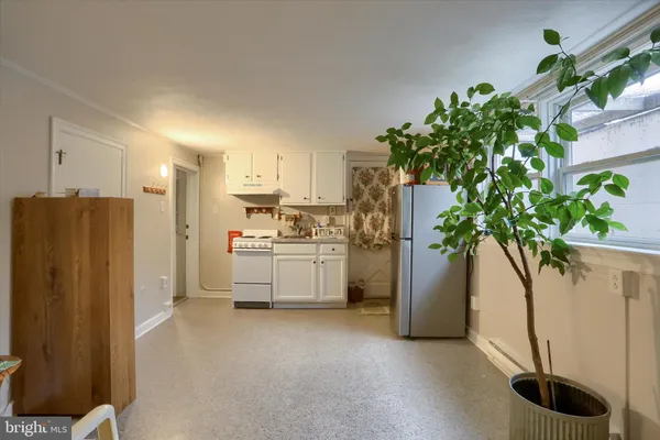 a kitchen with window a refrigerator and a plant