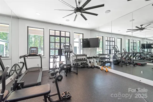 a view of a livingroom with furniture hardwood floor and a ceiling fan