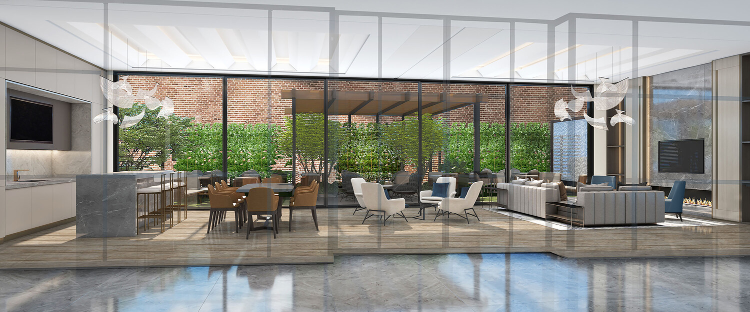 11-36 45th Road, Unit 602B Queens, NY 11101 - Photo 7 of 12 a dining room with furniture a large window and a chandelier