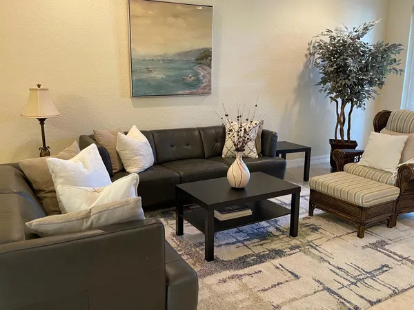 a living room with furniture and a potted plant