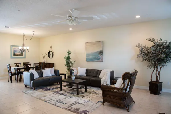 a living room with furniture and a potted plant