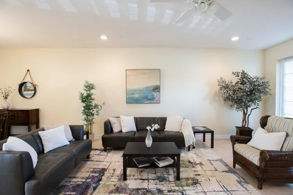 a living room with furniture and a potted plant