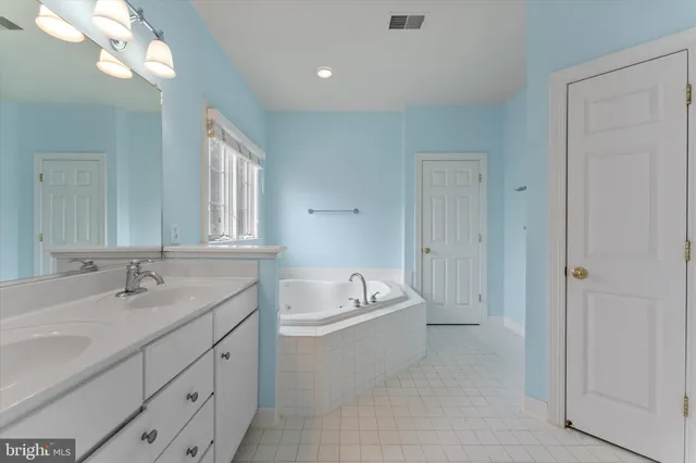 a bathroom with a tub sink and mirror