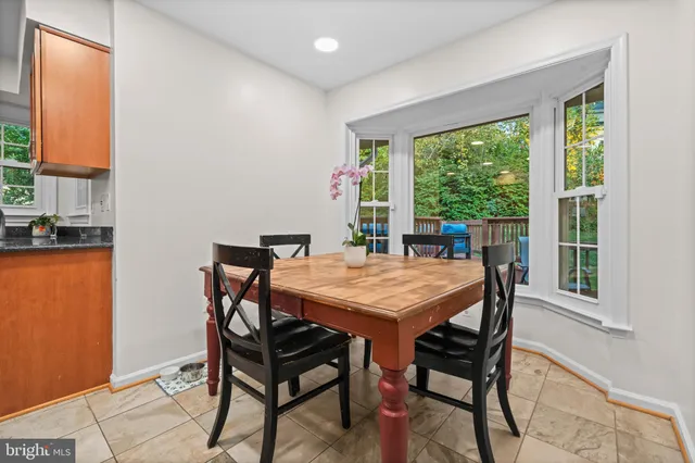 a view of a dining room with furniture window and outside view