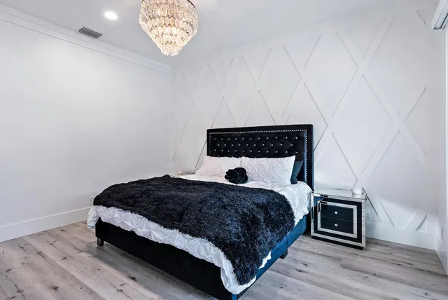 a bedroom with a bed and a tv on the dresser