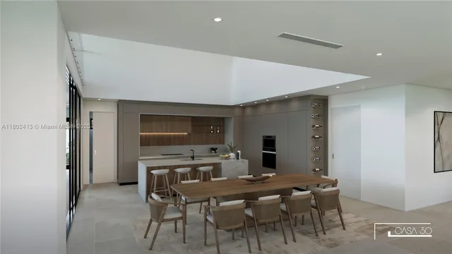 a living room with furniture and a dining table with wooden floor